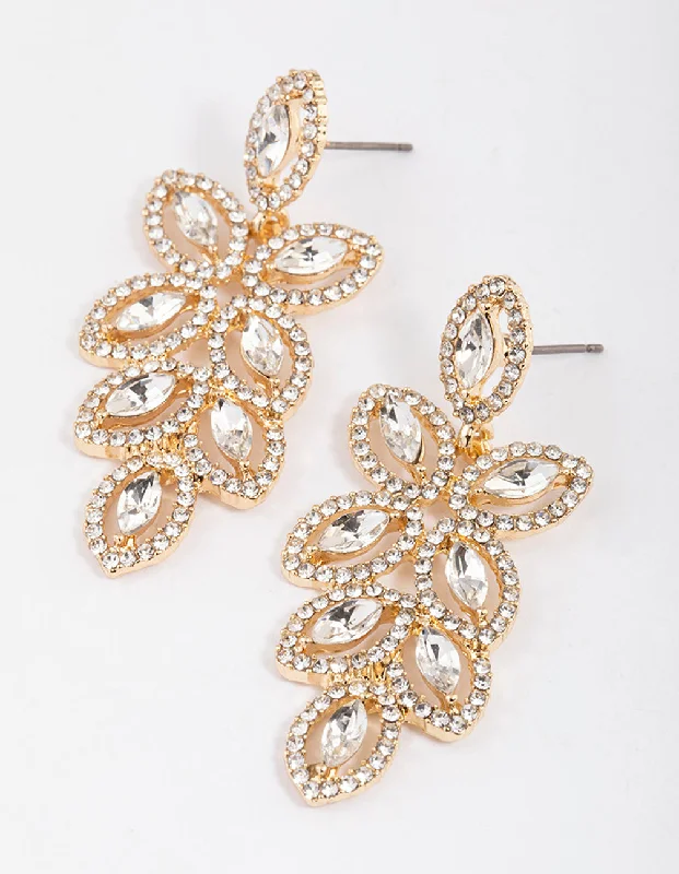 Dainty Gold Earrings-Gold Flower Cut Out Diamante Drop Earrings