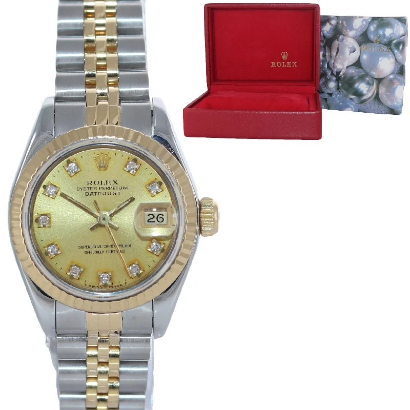 Trendy Smartwatch for Women-Ladies Rolex 69173 Two Tone 18k Gold 26mm Champagne Diamond Watch Box