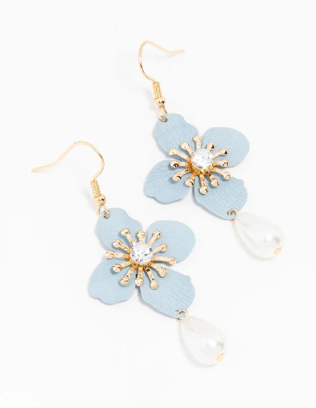 Trendy Statement Earrings-Gold Blue Teardrop Pearl Flower Drop Earrings