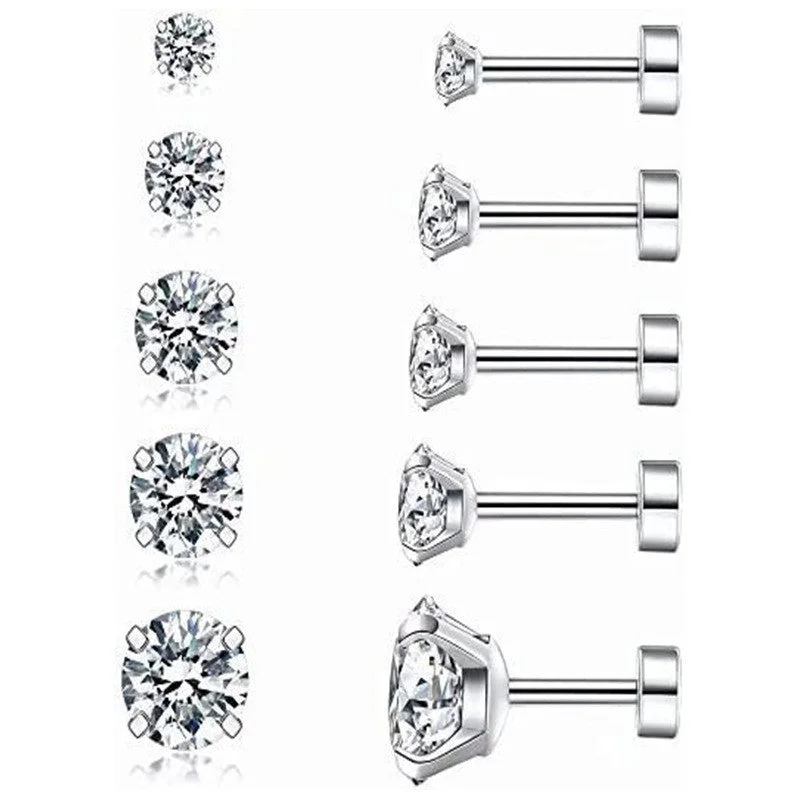 2mm-6mm Stainless Steel Zircon Earrings 5 Pairs