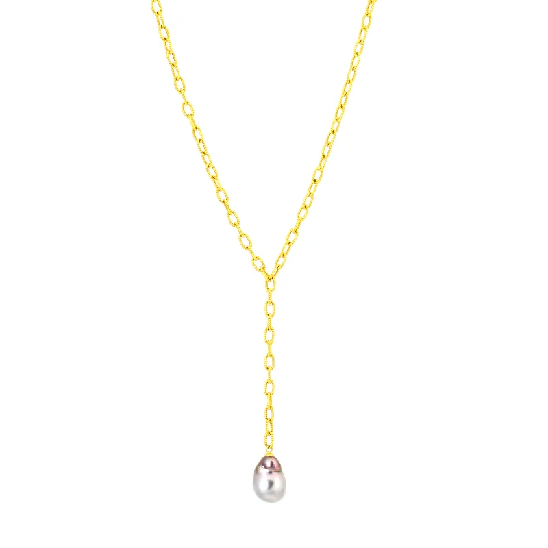 Long Silver Chain Necklace-Pearl Link Y Necklace