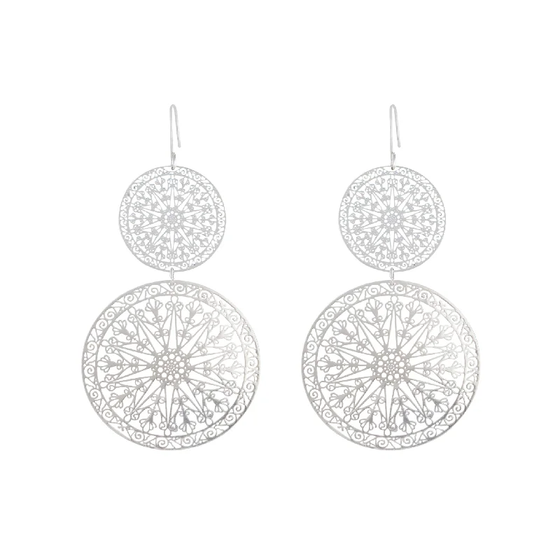 Bold Drop Earrings-Silver Filigree Statement Disc Drop Earrings