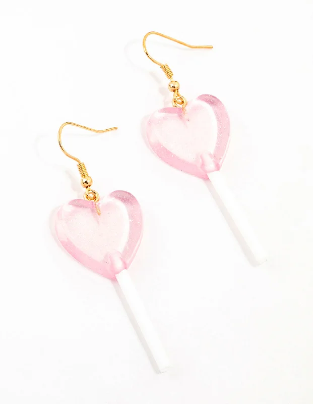 Unique Silver Hoop Earrings-Pink Plastic Lollipop Drop Earrings