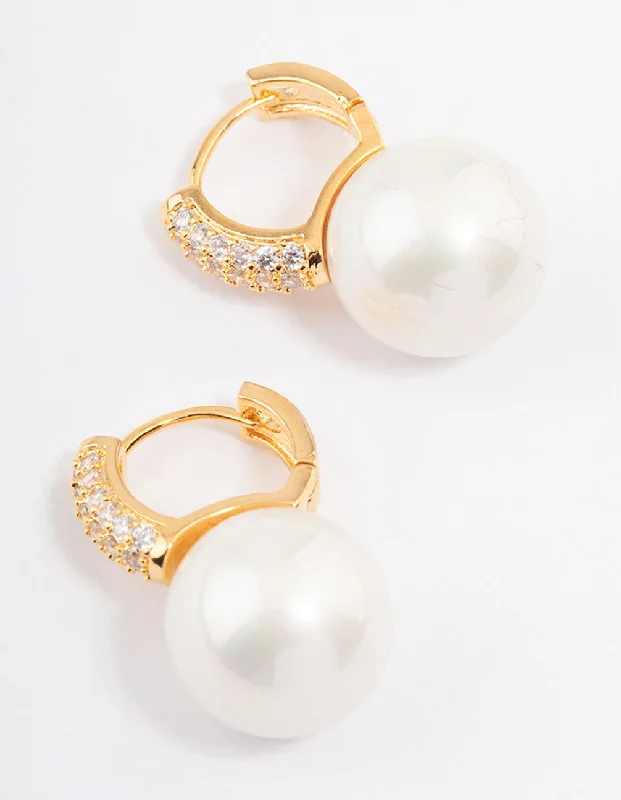 Large Silver Earrings-Gold Plated Large Pearl Drop Cubic Zirconia Huggie Earrings