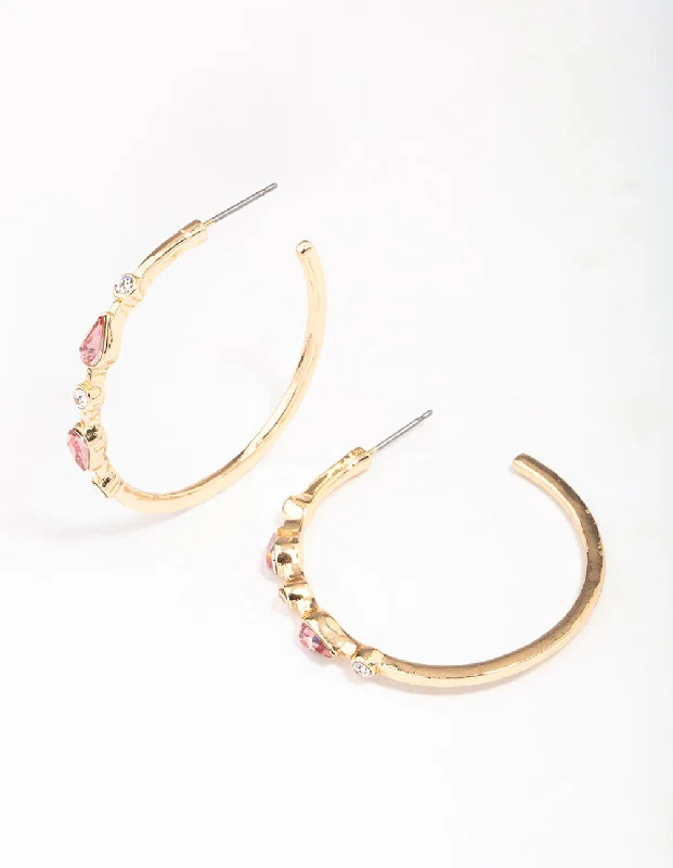 Vintage Pearl Earrings-Gold Pear Circle Diamante Hoop Earrings