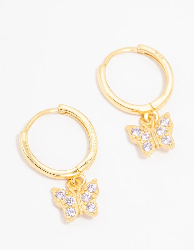 Sterling Silver Earrings-Gold Plated Sterling Silver Cubic Zirconia Butterfly Earrings