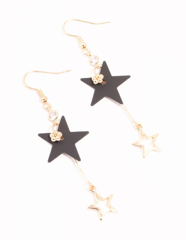 Double Hoop Earrings-Gold & Black Stars Drop Earrings