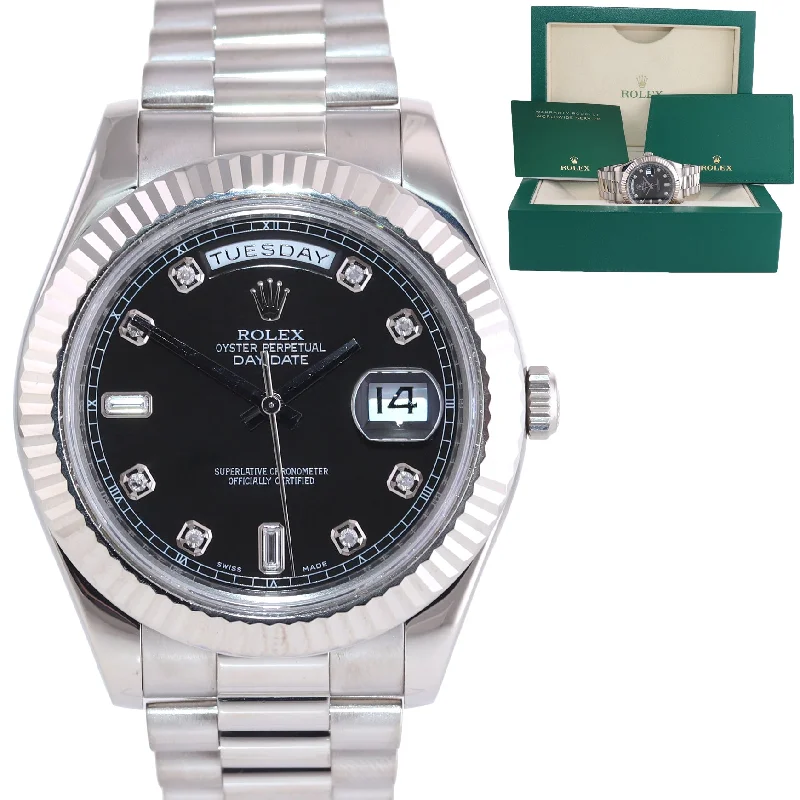 Automatic Watch for Men-Black Diamond Rolex Day Date 2 218239 41MM White Gold Baguette President Watch