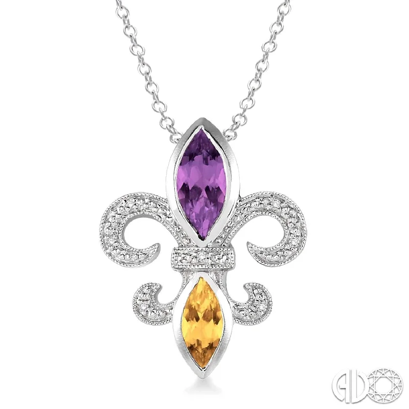 Simple Gold Necklace-Silver Fleur De Lis Gemstone & Diamond Pendant, LSU Color Necklace