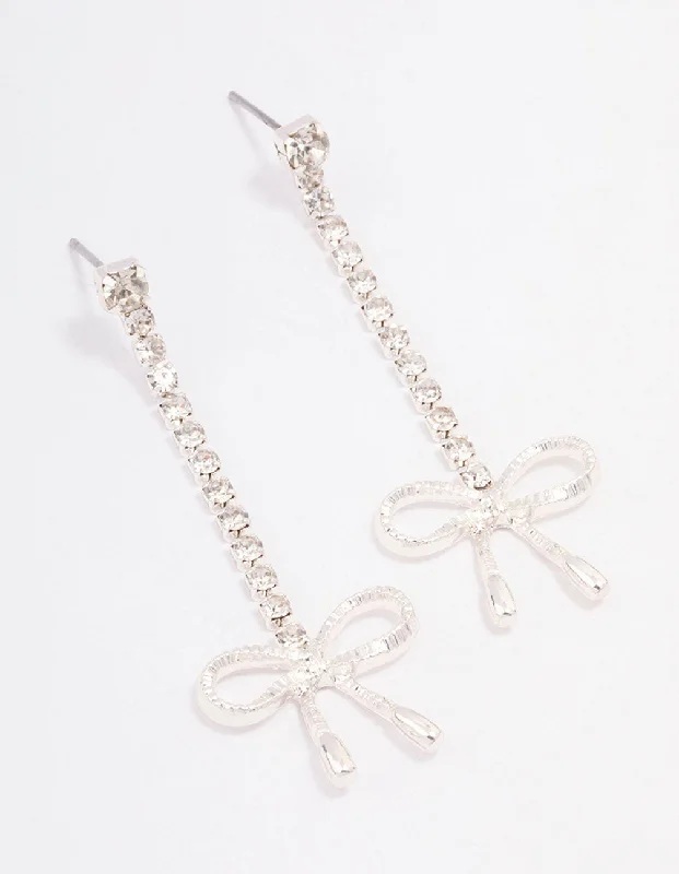 Classic Gold Earrings-Silver Cup Chain Crystal Bow Drop Earrings