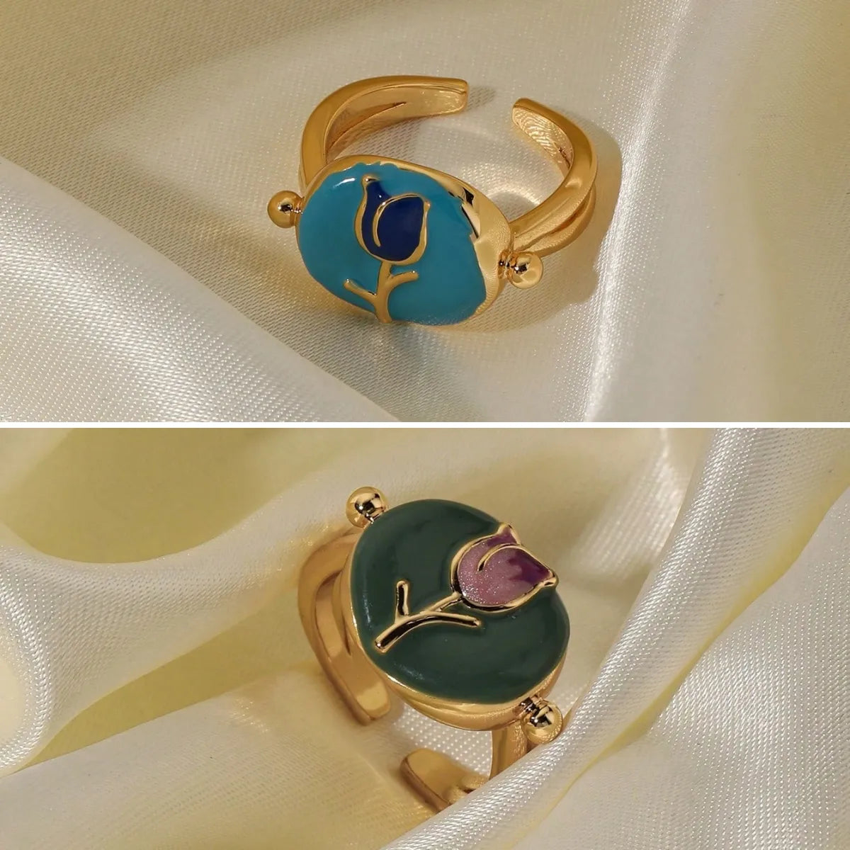 Wholesale Retro Sweet Rose Copper Enamel 18K Gold Plated Open Rings