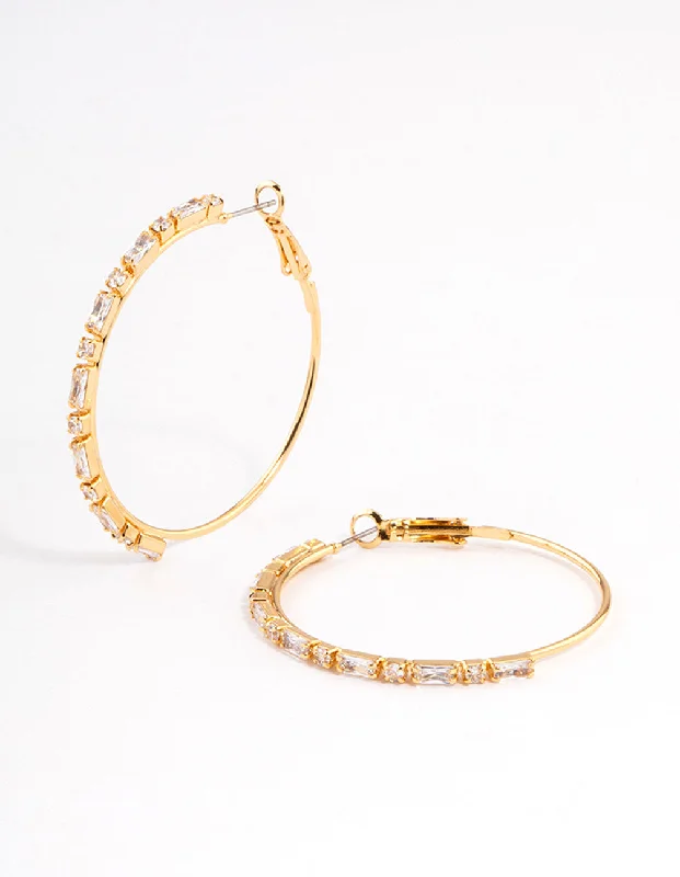 Fun Statement Earrings-Gold Plated Round & Baguette Large Hoop Earrings