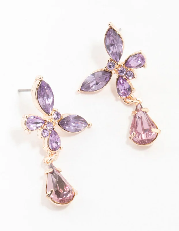 Stud Earrings with Gemstones-Rose Gold Diamante Purple Butterfly Pear Drop Earrings