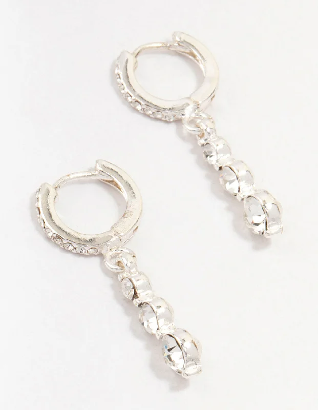 Shiny Hoop Earrings-Silver Cascading Bohemia Czech Crystal Drop Huggie Earrings