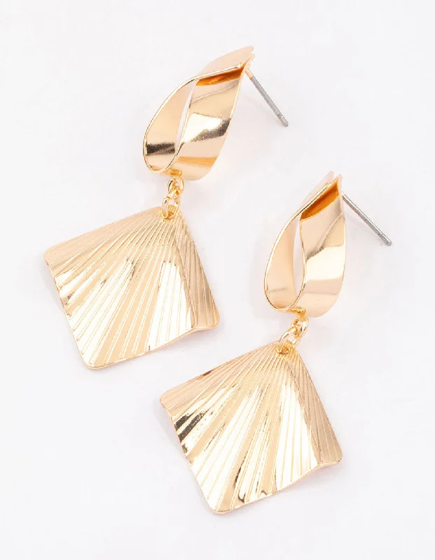 Classic Pearl Studs-Gold Wrapped Square Fan Drop Earrings