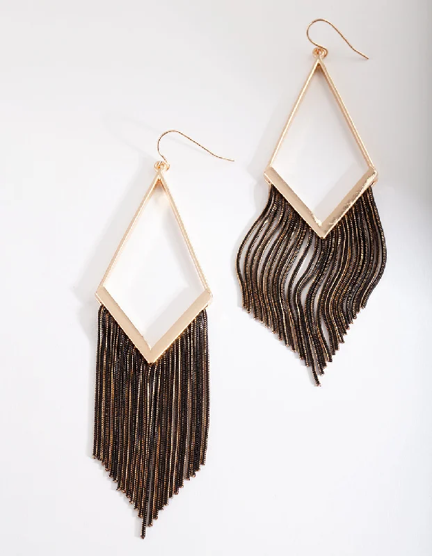 Fancy Drop Earrings-Gold Black Chain Tassel Earrings