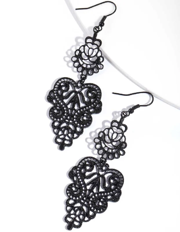 Luxurious Gold Earrings-Black Large Filigree Drop Earrings