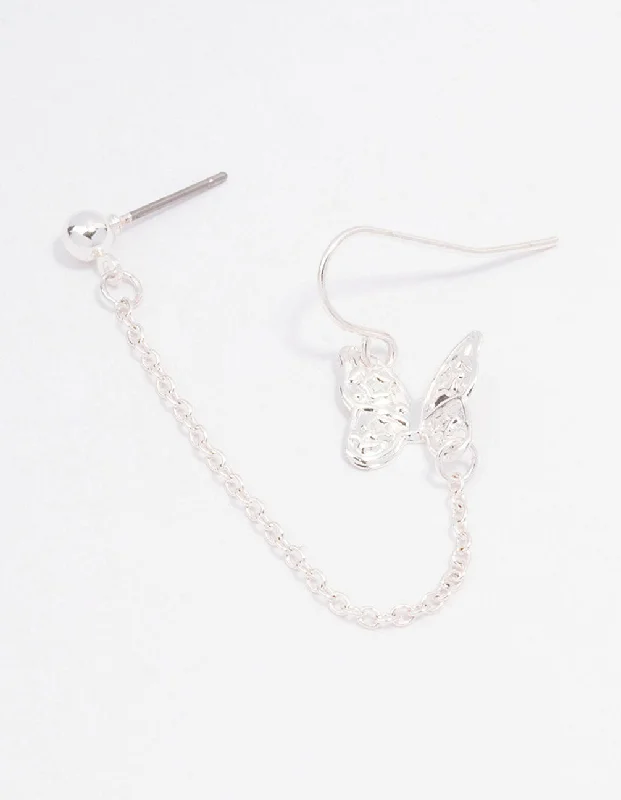 Hoop Earrings for Women-Silver Butterfly Chain Drop Earrings