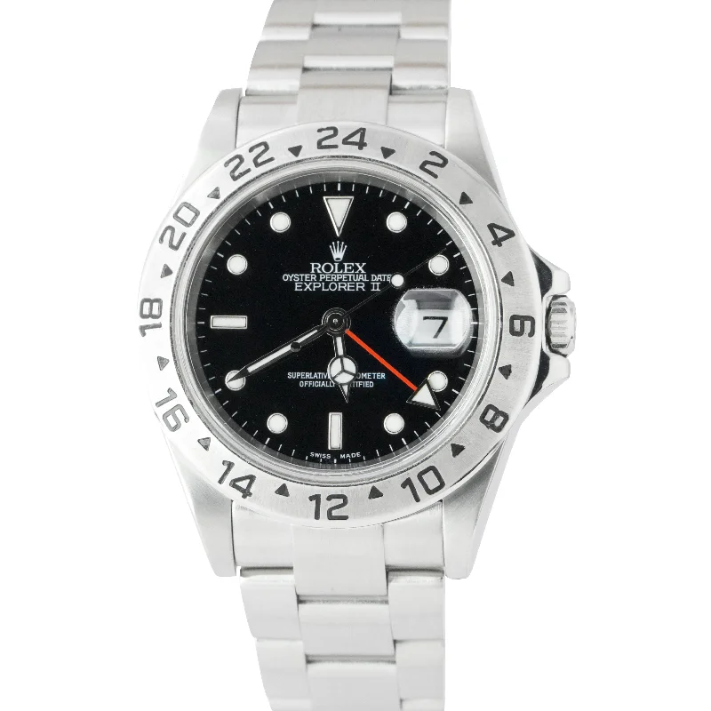 Black Men's Leather Watch-Rolex Explorer II NO-HOLES CASE Stainless Steel Black Date GMT 40mm Watch 16570