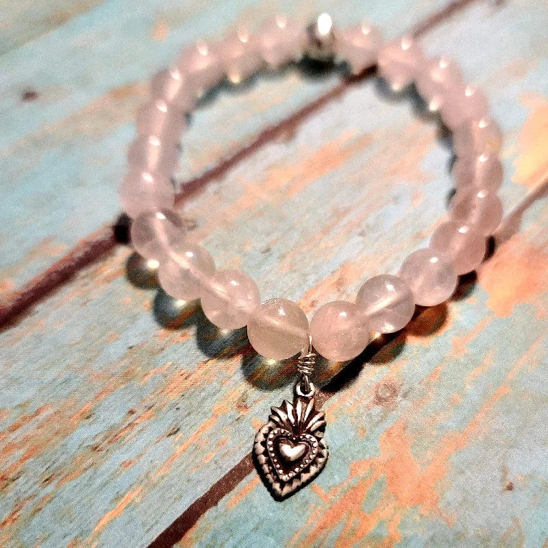 Chunky Gemstone Bracelet-Milagro Heart Rose Quartz Bracelet