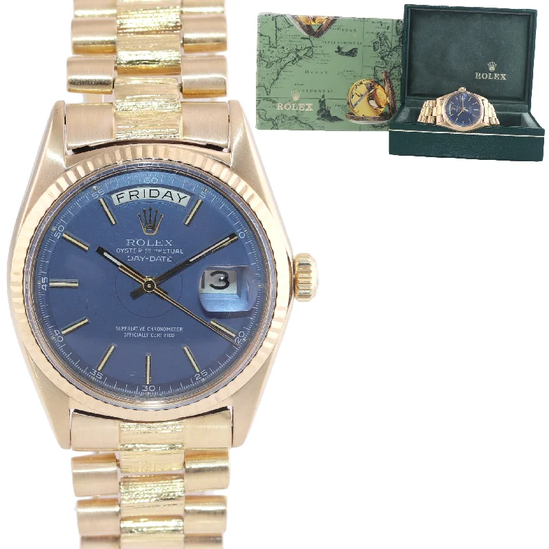 Women's Designer Chronograph Watch-Rolex Day-Date President Yellow Gold Bark 1803 Blue Dial Watch Box