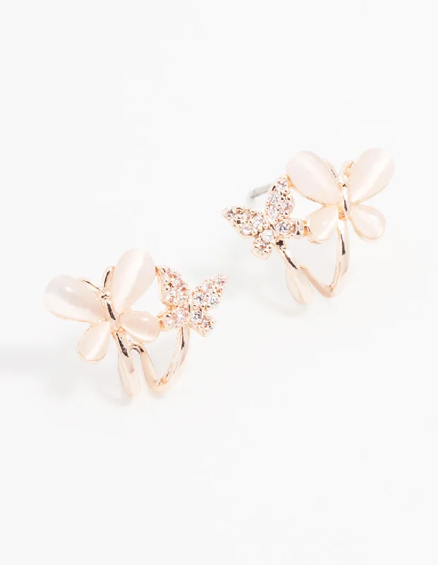 Handmade Gemstone Earrings-Rose Gold Plated Mini Double Butterfly Hoop Earrings