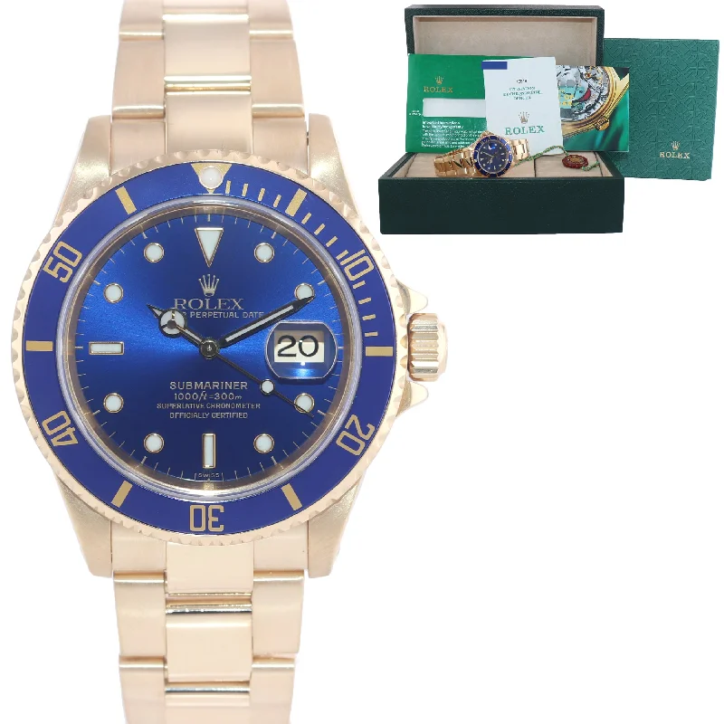 Elegant Women’s Watch with Leather Band-1999 PAPERS Rolex 16618 Submariner 18K Yellow Gold Blue Sunburst Dial Watch Box