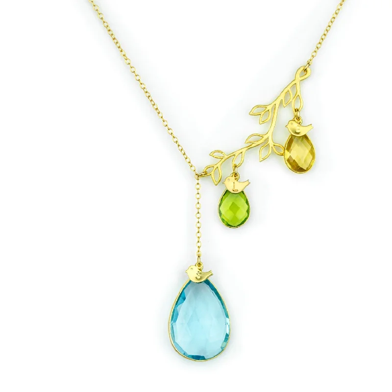 Luxury Gold-Plated Necklace-Lariat Style Family Branch Necklace with Mother's and Children's Birthstones and Initials