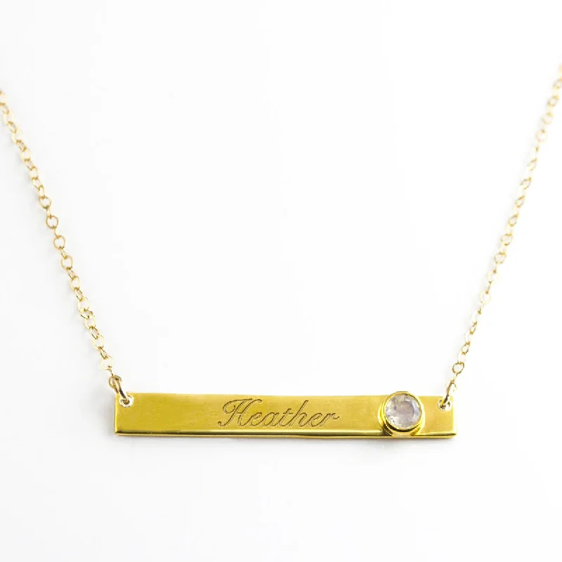 Gold-Plated Heart Necklace-April Custom Bar Necklace with Bezel Birthstone