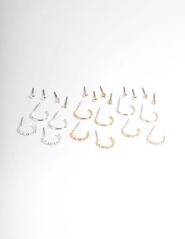 Party Drop Earrings-Mixed Metal Plain & Dimanate Stud & Hoop Earring 12-Pack