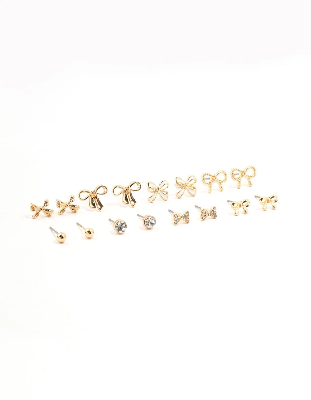 Colored Gemstone Earrings-Gold Diamante Mixed Bow Earrings 8-Pack