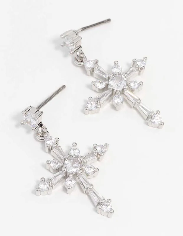 Stud Earrings for Teens-Silver Cubic Zirconia Cross Drop Earrings