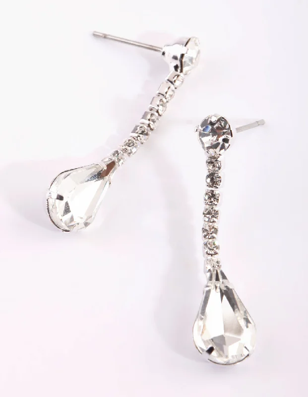 Fun Statement Earrings-Silver Diamante Teardrop Earrings