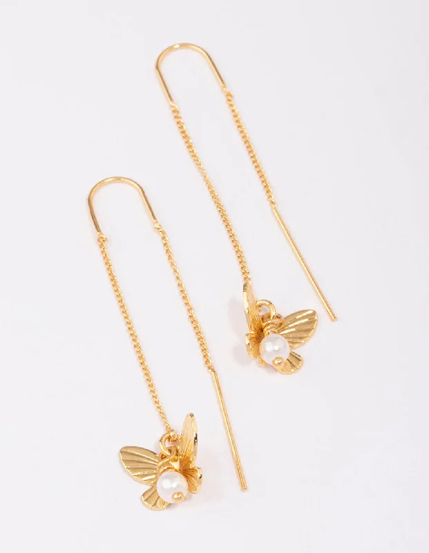 Multi-Colored Drop Earrings-Gold Plated Pearl Butterfly Thread Through Earrings