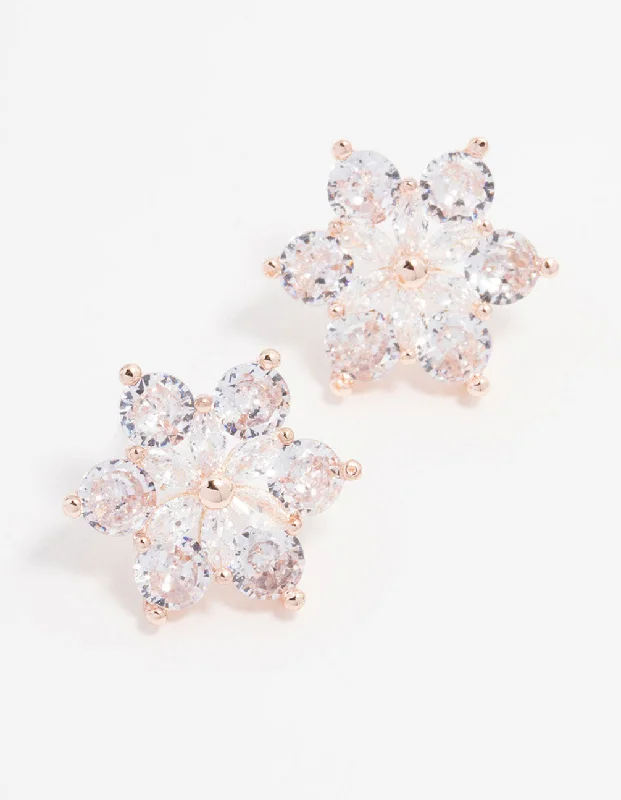 Gold Stud Earrings-Rose Gold Plated Large Round Cubic Zirconia Marquise Flower Earrings