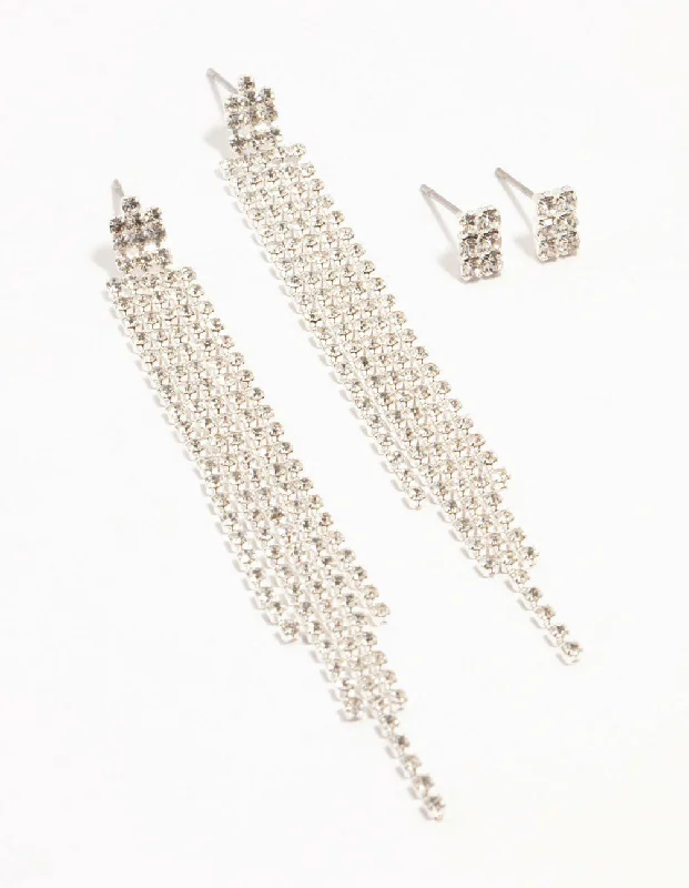 Fashion Pearl Earrings-Diamante Cup Chain Multiple Stud Silver Earrings 2-Pack