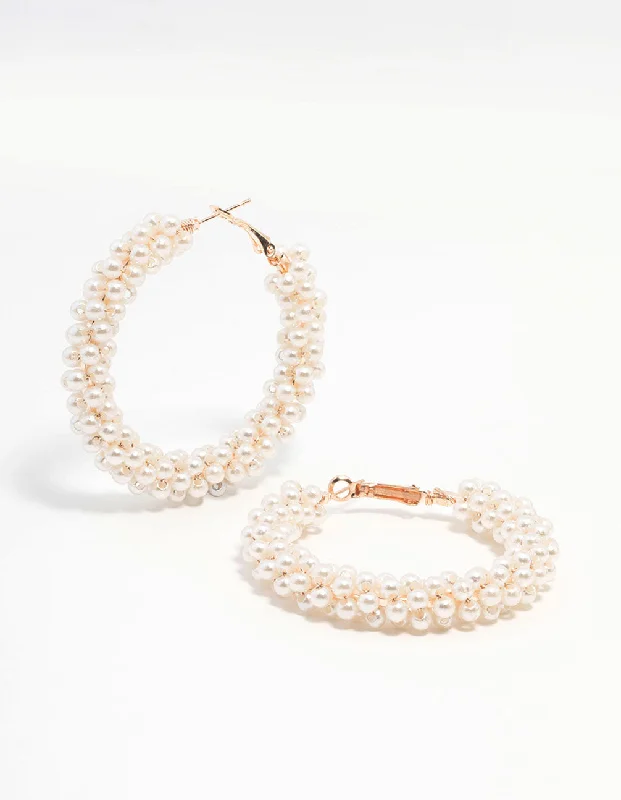 Silver Plated Earrings-Rose Gold Pearl Medium Hoop Earrings