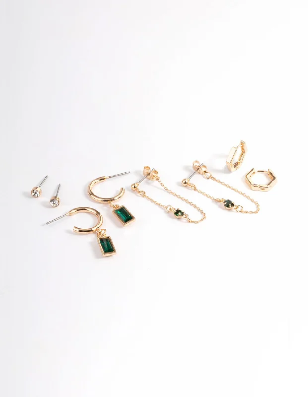 Geometric Dangle Earrings-Green Diamante Baguette Earrings 4-Pack