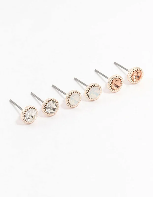 Long Chain Earrings-Rose Gold Encased Diamante Stud Earrings 3-Pack