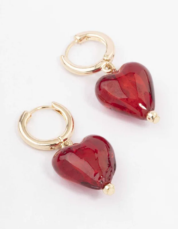 Crystal Dangle Drop Earrings-Gold Painted Red Heart Hoop Earrings