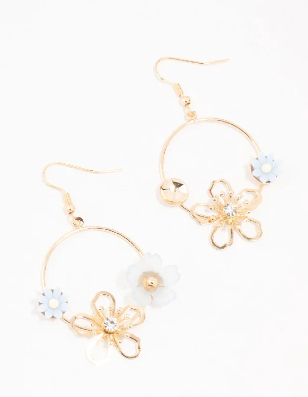 Unique Dangle Hoop Earrings-Gold Acrylic Blue Flower Round Drop Earrings