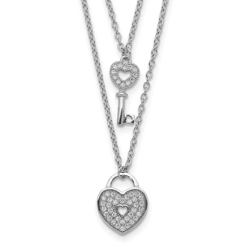 Gold Bar Necklace-Sterling Silver Cubic Zirconia 18-inch Heart 2-Layer Lock and Key Necklace