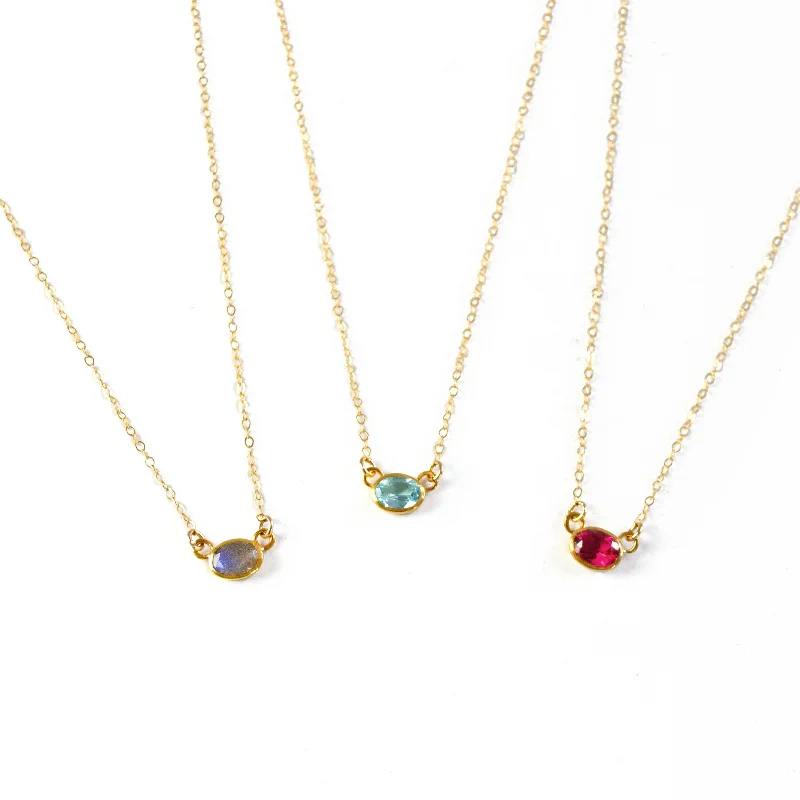 Unique Gold Pendant Necklace-Oval Cut Birthstone Bezel Connector Necklace