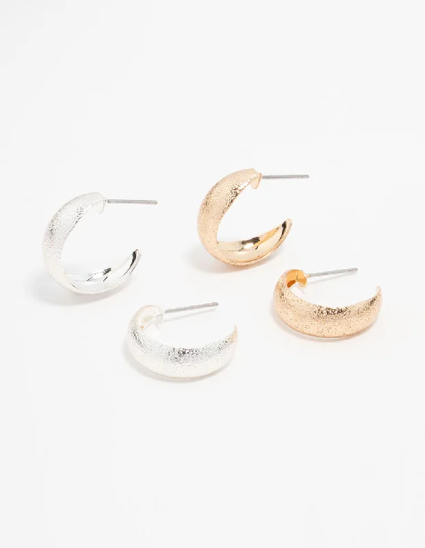 Crystal Drop Earrings-Mixed Metals Sandblast Hoop Earrings 2-Pack