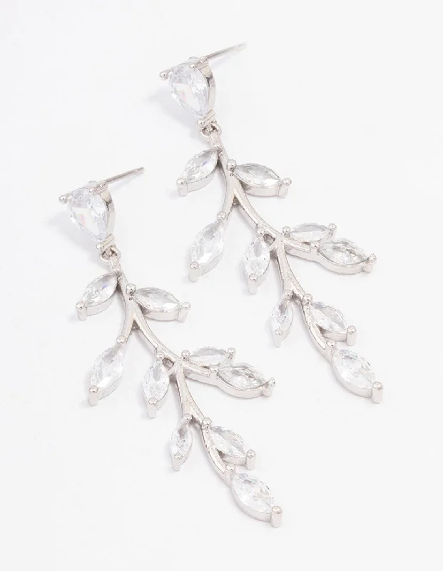 Sparkling Swarovski Earrings-Silver Cubic Zirconia Leaf Drop Earrings