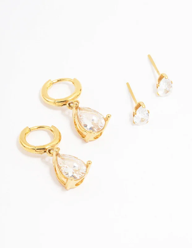 Textured Gold Earrings-Waterproof Gold Plated Stainless Steel Pear Cut Cubic Zirconia Earrings 2-Pack