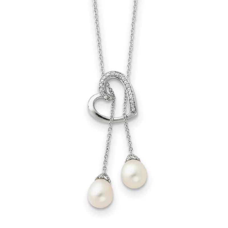 White Gold Necklace-Pearl and Cubic Zirconia Heart 18-inch Necklace in Sterling Silver