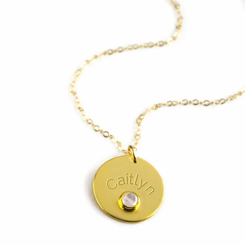 Gold Diamond Necklace-June Engraved Disk Pendant Necklace