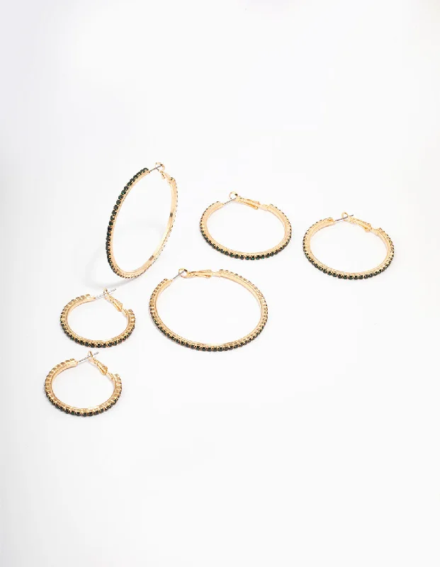 Simple Drop Earrings-Gold Diamante Mixed Size Hoop Earring 3-Pack