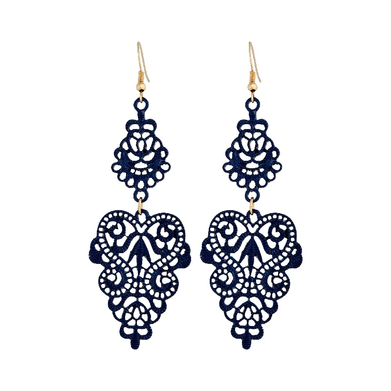 Handmade Gold Earrings-Blue Metal Filigree Drop Earrings